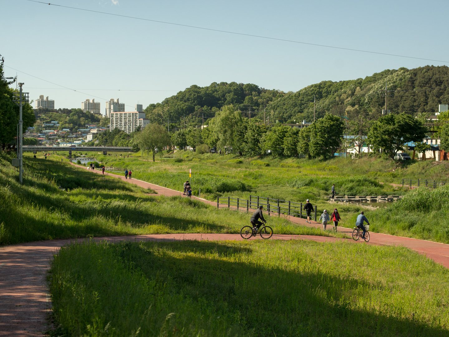 Riders on a riverside cycle path with wooded hills behind in Daejeon