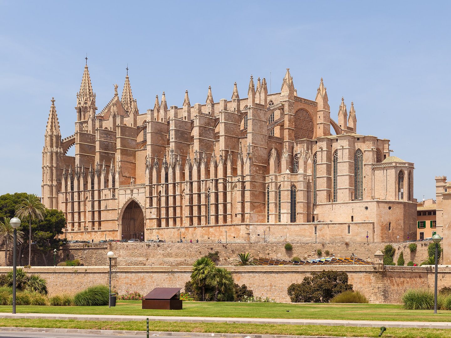 Palma Cathedral La Seu reflected in the still water of Parc de la Mar
