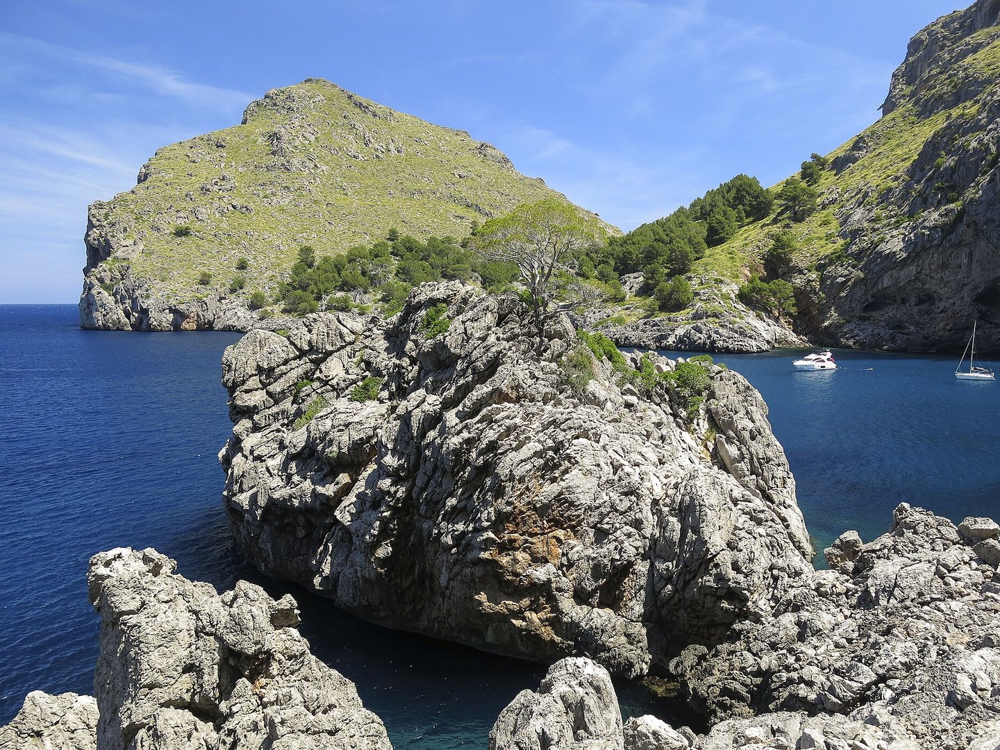 Serra de Tramuntana mountains falling into the Mediterranean on Majorca's coast