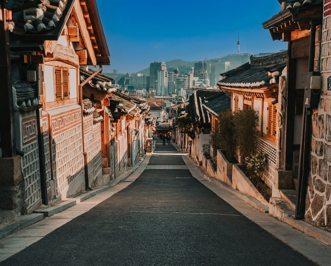 Hanok tiled rooftops in warm light