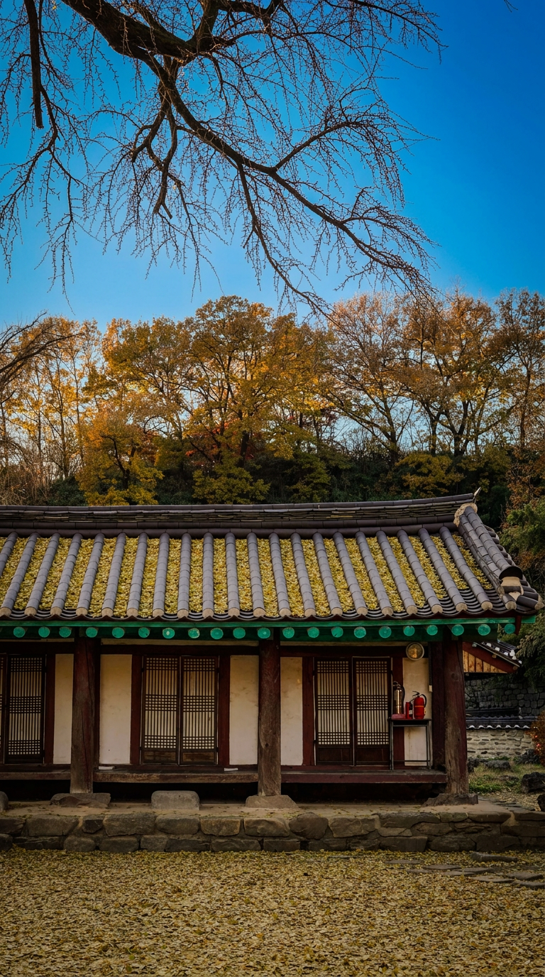 Korean temple among autumn maples