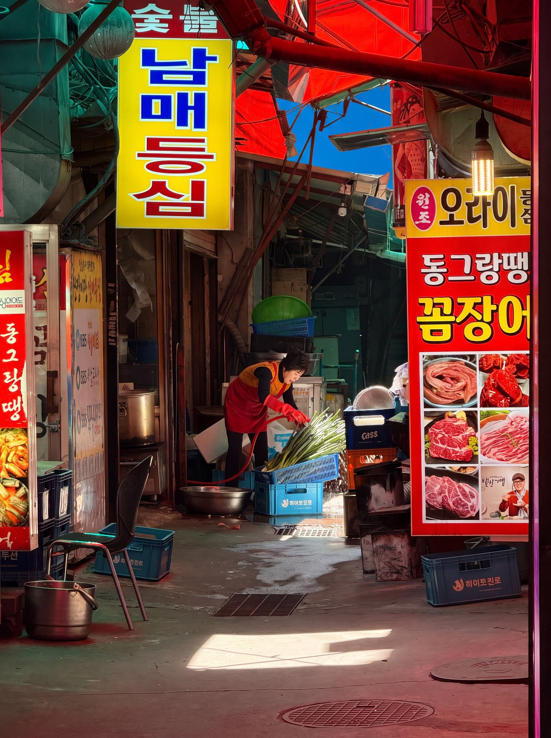 Korean night-market alley with red lanterns