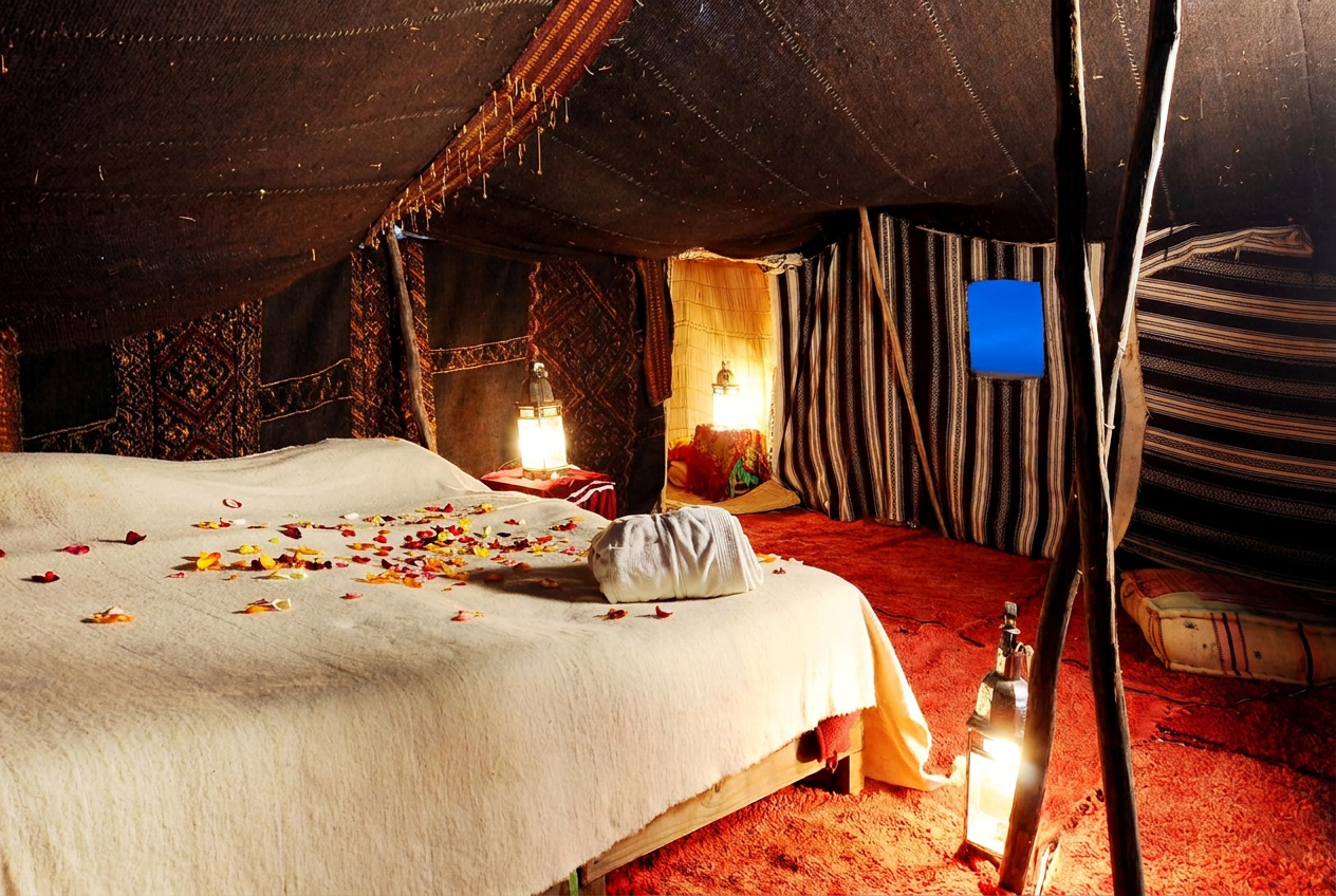 Interior of a lantern-lit safari tent at night